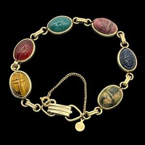 12k gold filled scarab stone carved beetle bracelet vintage multi colored